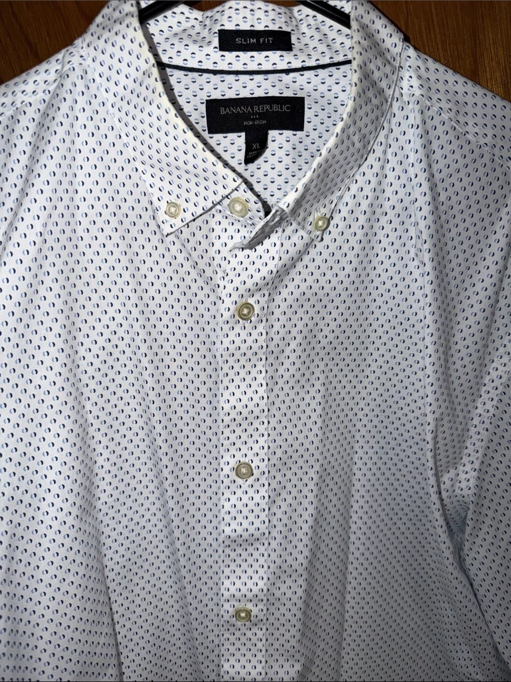 Banana Republic White Dress Shirt with Navy Micro Dots
